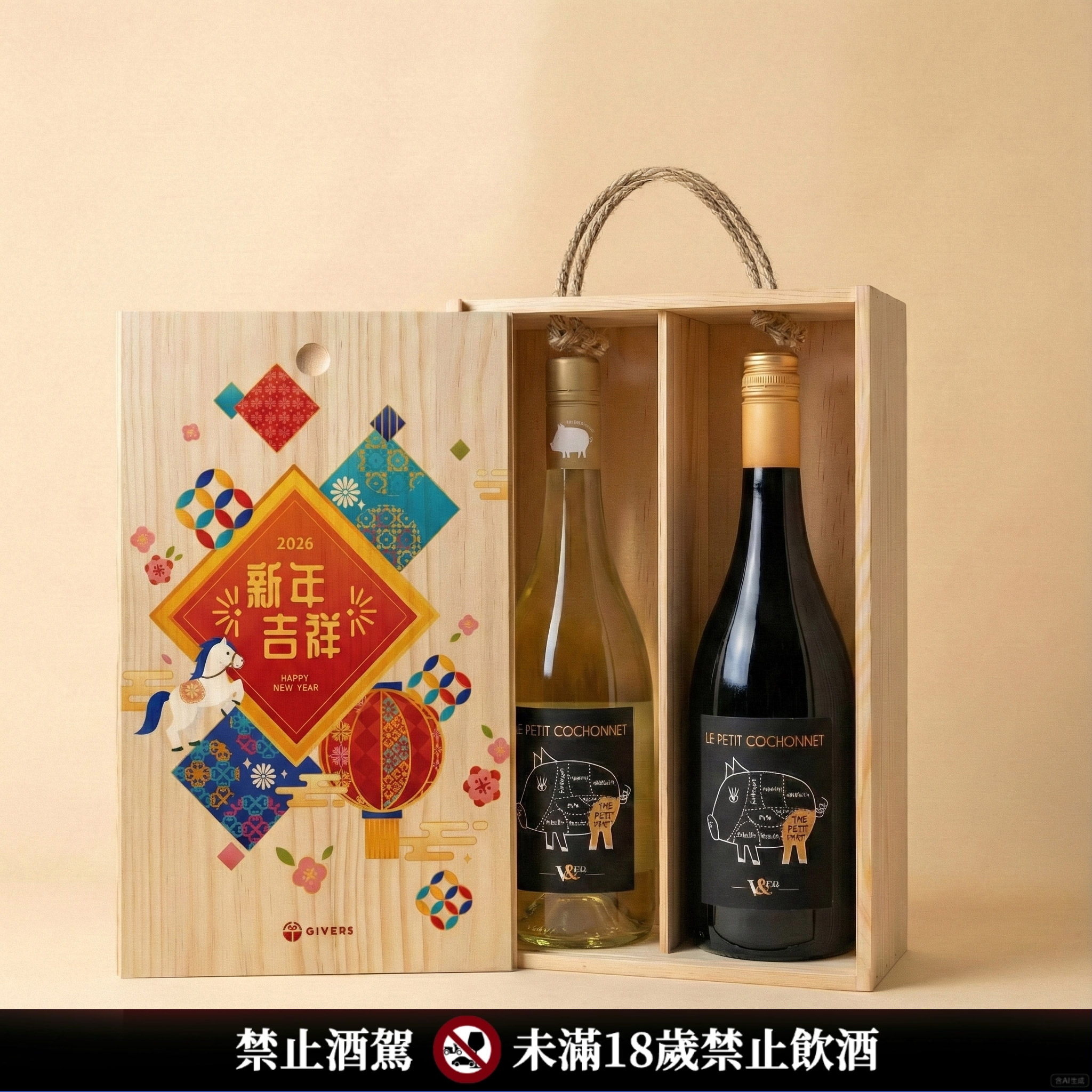 南法小豬珍藏白酒與紅酒｜新年賀歲原木禮盒展示｜Givers